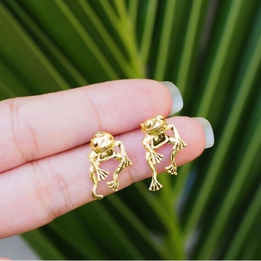 Frog Earring and Necklace Set Jewelry Gold Finish Pierced Earring Unis…